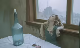 a woman sitting near a window staring up