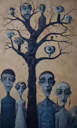 this art features several people and a tree
