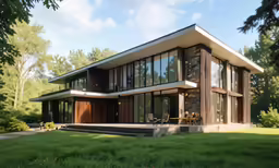 a modern house with large windows sitting on a lush green field