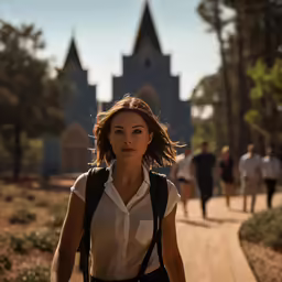 a woman with long hair walks down a road