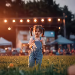 a little girl wearing a pair of overalls while standing in a park