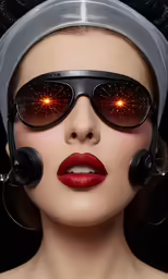 a woman with dark lipstick and sunglasses on with light shining in her eyes