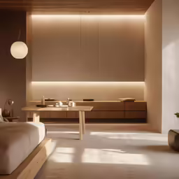 a large bed that is next to a table and other furnishings