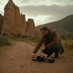 a man crouching down next to a small camera in front of a rock formation