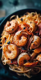 a plate of cooked shrimp and linguina noodles