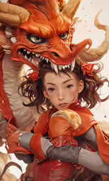 a woman dressed as a dragon is posing with a large red, white and orange stuffed dragon
