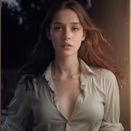 a beautiful woman wearing a beige shirt posing