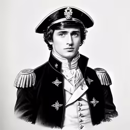 black and white drawing of a man in uniform