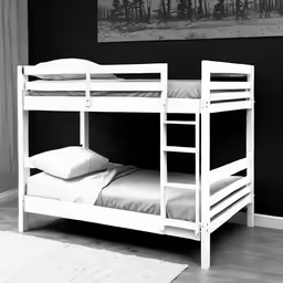 a small white bunk bed with a flat mattress