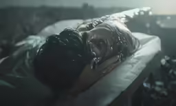 a woman is laying in bed with another person