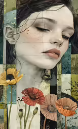 an art work with various flowers and a woman