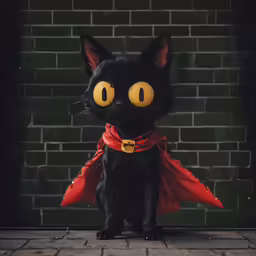 a black cat in a cape on the ground