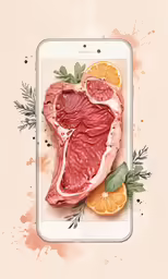 a phone sitting next to a piece of meat and an orange