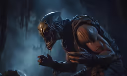 an alien looking man in a dark room