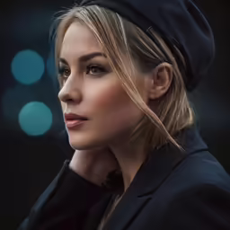 a blonde woman with a turban in a profile shot