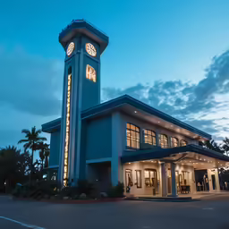 an open clock tower sits on a lit building