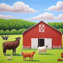 a painting with a farm animals and cows in front of a barn,a farm scene with cattle, goats and geese