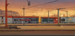 an illustration of some sort of oil painting of an out - of - place gas station with lots of empty containers next to it,sunset and power lines above a small building with no doors