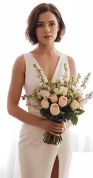 a woman holding a bouquet of roses