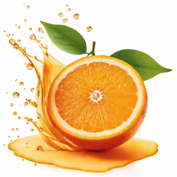 a sliced orange falling down and falling into a puddle of orange juice