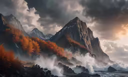 a painting of a large mountain, with water, rocks and orange trees