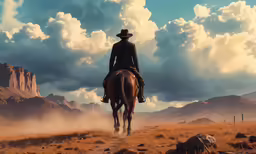 a man in a cowboy hat riding a horse across the desert