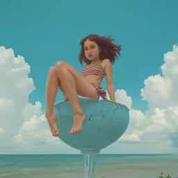 a woman in a bikini top and bottomless sitting on a buoy with a sky background
