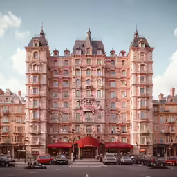 a large building with several stories and cars parked in front