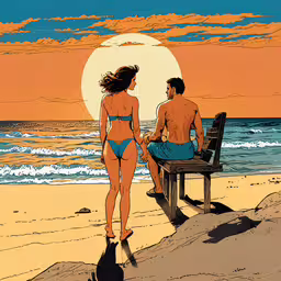 two people in bathing suits standing on a beach,the painting shows two people standing on a beach at sunset