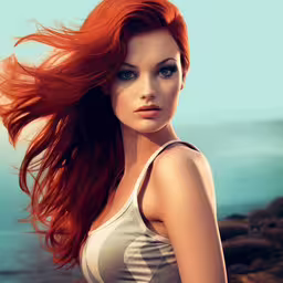 a woman with long red hair standing next to the water,a woman with orange hair is posed for a photo