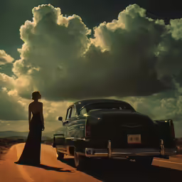 a vintage photo of a lady standing next to a car on the road