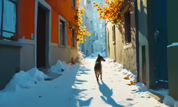 a dog standing on a snowy street near buildings