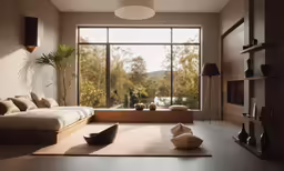 living room with large sliding glass doors, brown carpet and white furniture