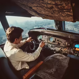 a pilot at the controls in a plane flying high above the city