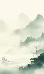 an image of mountains with fog in them