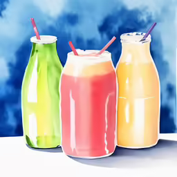 four glasses of drinks are lined up together