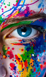 a blue eye is decorated with brightly colored paint