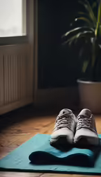 a pair of shoes on a rug on a wooden floor