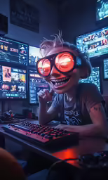 a kid with red eyes is sitting by some monitors