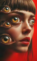 a beautiful young lady with many fake eyes and hair