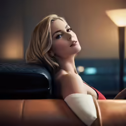 a very pretty lady with very large breast sitting down