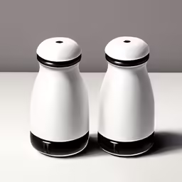 two white salt and pepper shakers with black tipped tops on a white surface