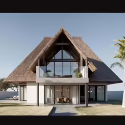 a tropical home with large windows, and palm trees