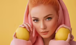 a young woman with red hair is holding two balls