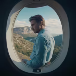 a man looks out an airplane window while sitting in an aircraft