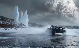 the car is driving in the water beside icebergs