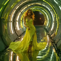 a beautiful young lady in a long yellow dress