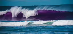 blue and green waves crashing in to the beach,an ocean with a large wave that is very dark purple and white
