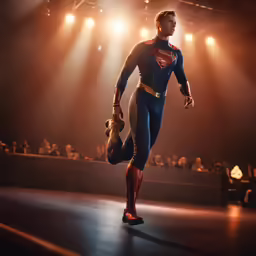 a man dressed as a superman on stage in front of an audience