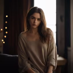 a girl in a brown sweater is sitting next to a window